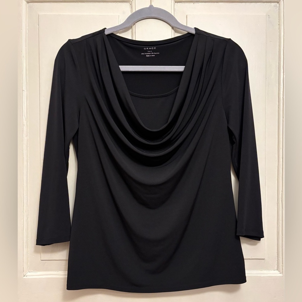 Grace Cowl Neck Draped 3/4 Sleeve Top, size S